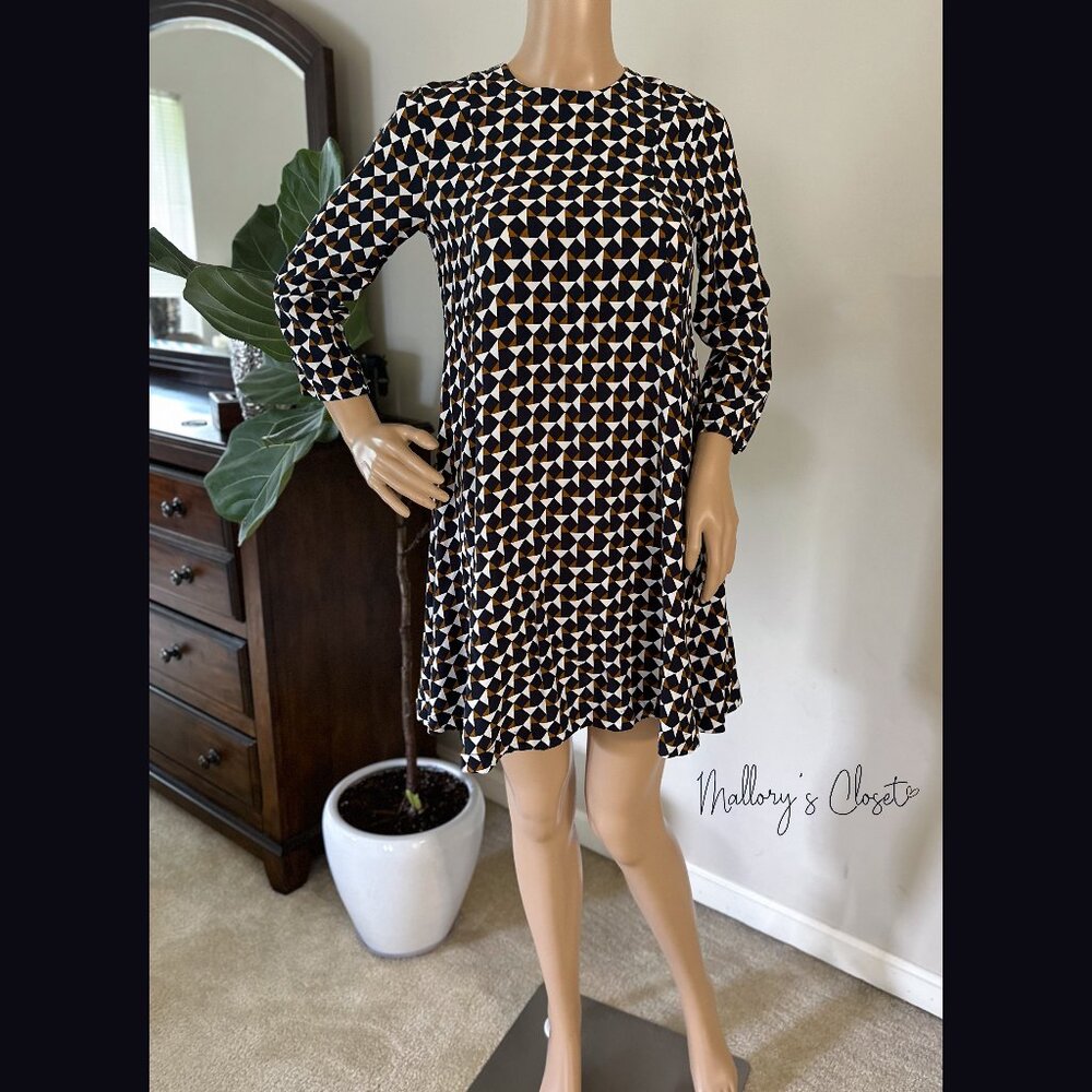 H&M Fit+Flare Multicolored Square Abstract 3/4 Sleeve Swing Mini Dress / Size: 4